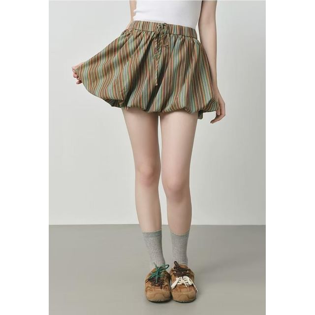 Drawstring Waist Striped Bubble Hem Mini A-Line Skirt / Long-Sleeve Crew Neck Dog Print T-Shirt