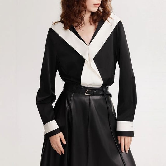 Long-Sleeve V-Neck Two Tone Blouse