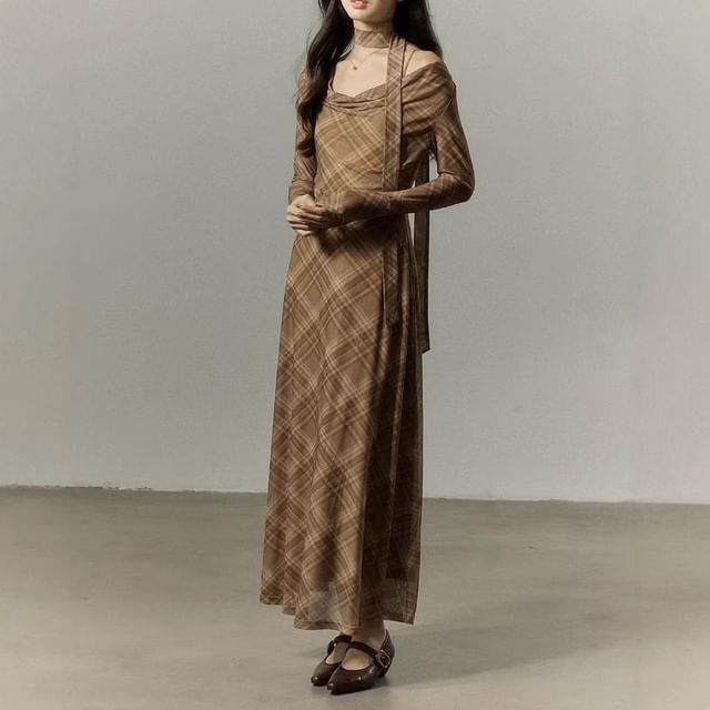 Long-Sleeve Cowl Neck Plaid Mesh Midi A-Line Dress