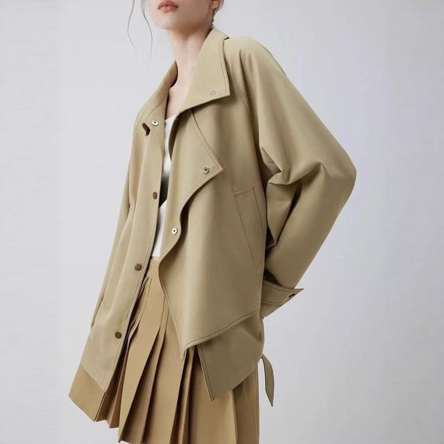 Lapel Collar Plain Snap Button Trench Jacket