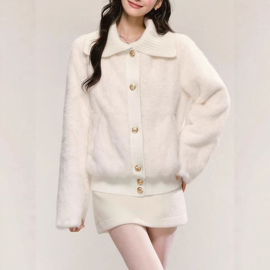 Collar Plain Fleece Button Jacket