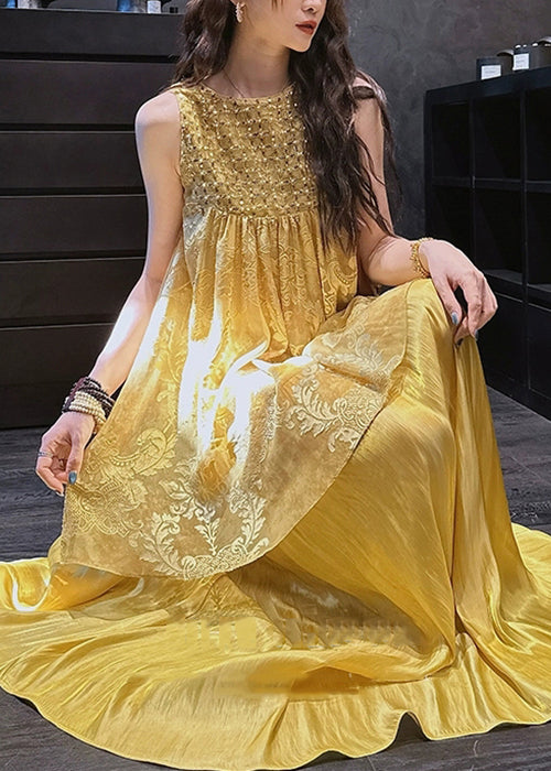 O Two Neck Silk Summer Patchwork Dress Yellow Pieces False