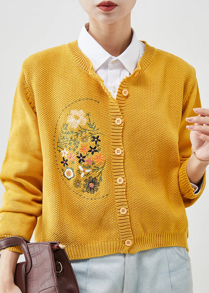 Yellow Knit Cardigans Embroidered Button Spring YU1042