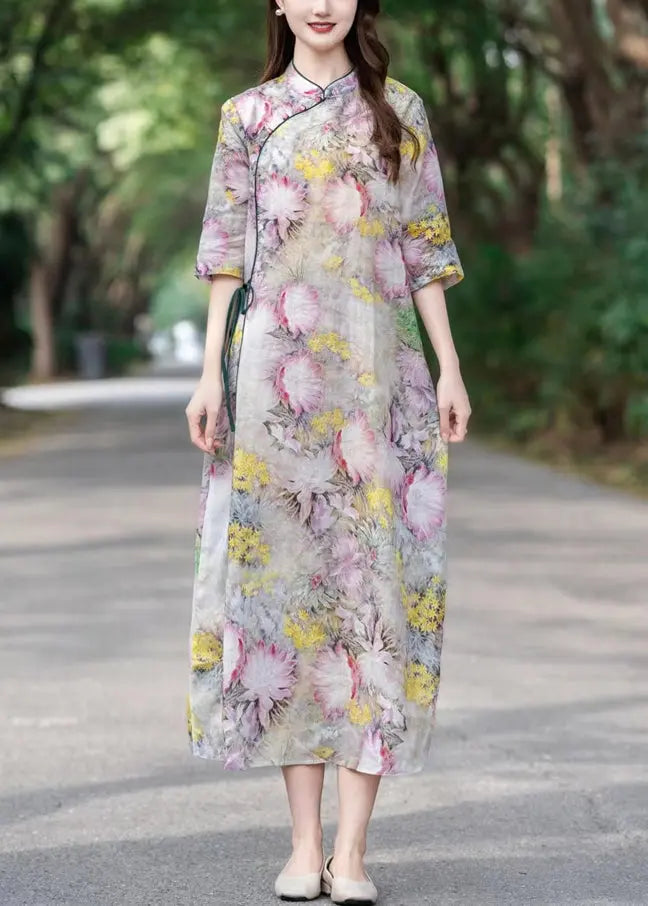 Yellow Lace Up Print Linen Dress Stand Collar Half Sleeve Ada Fashion