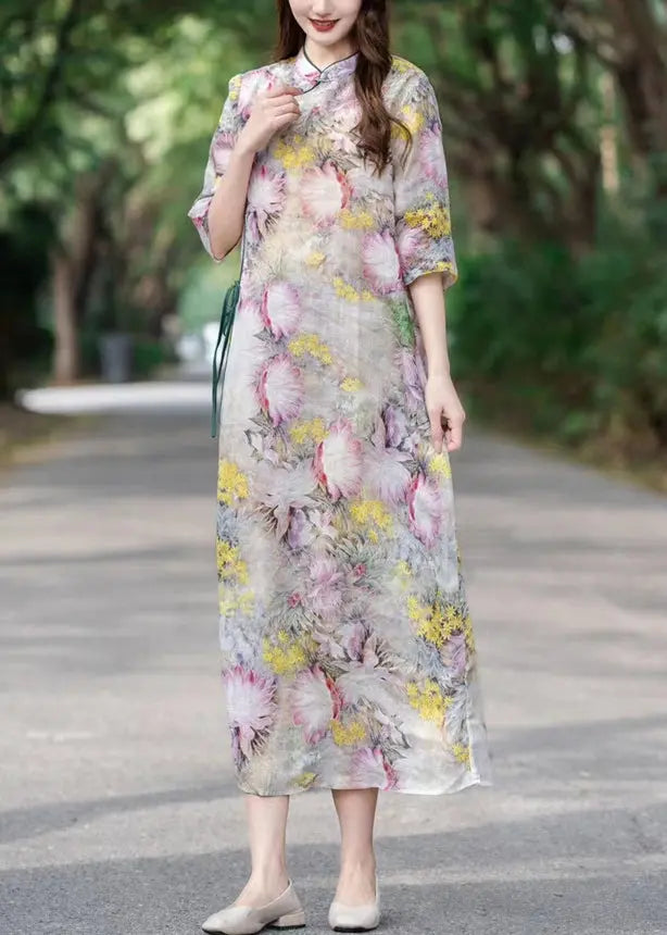 Yellow Lace Up Print Linen Dress Stand Collar Half Sleeve Ada Fashion