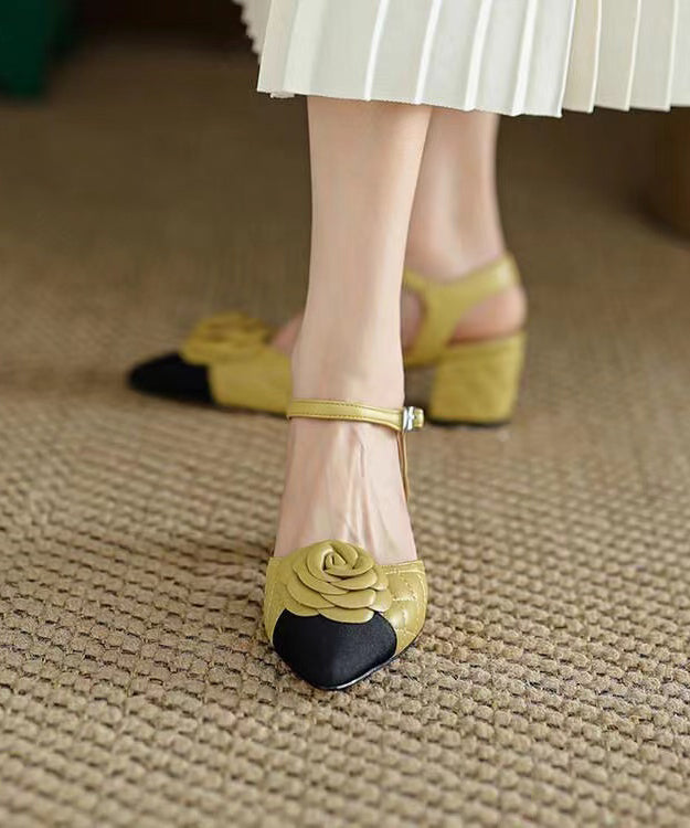 Yellow Pointed Toe Floral Chunky Heel Faux Leather Fashion Sandals RT1088