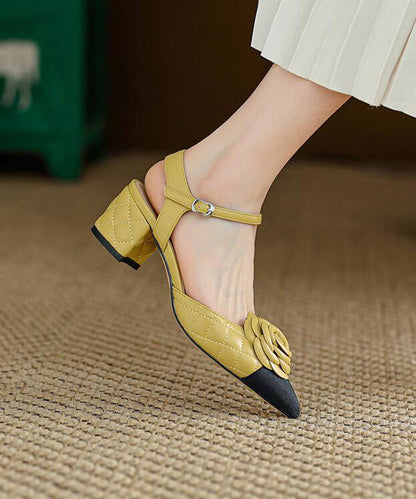 Yellow Pointed Toe Floral Chunky Heel Faux Leather Fashion Sandals RT1088