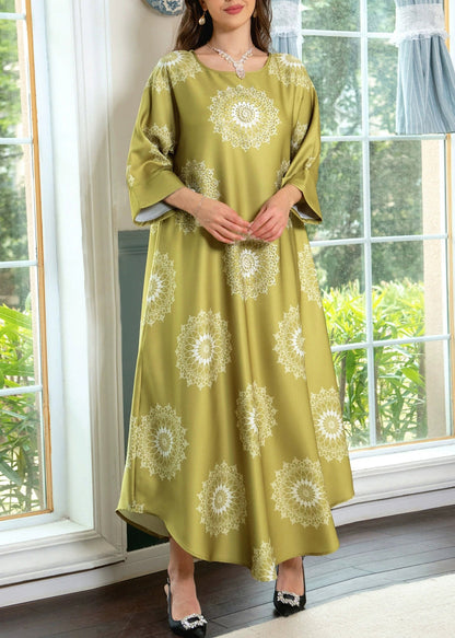 Yellow Print Cotton Long Dresses O Neck Half Sleeve AA1024