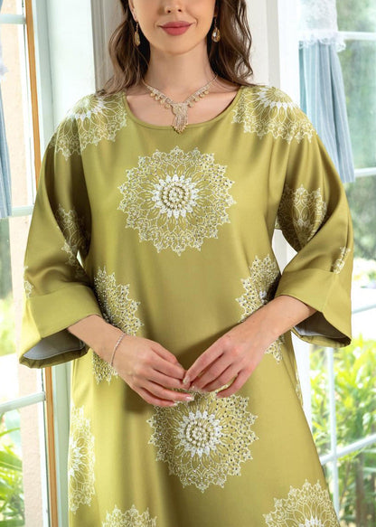 Yellow Print Cotton Long Dresses O Neck Half Sleeve AA1024