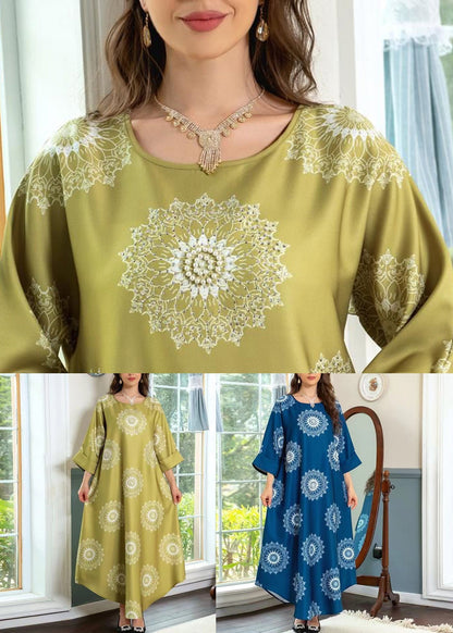 Yellow Print Cotton Long Dresses O Neck Half Sleeve AA1024