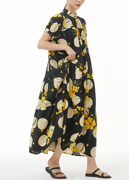 Yellow Print Loose Cotton Dress Stand Collar Summer AA1044