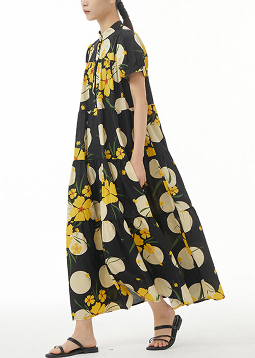 Yellow Print Loose Cotton Dress Stand Collar Summer AA1044