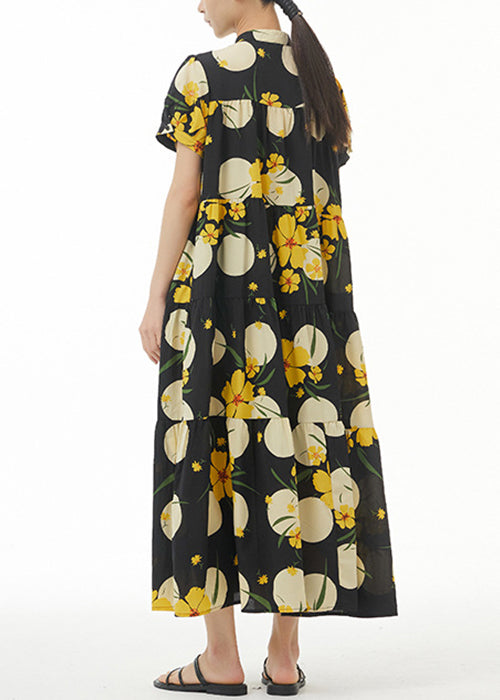 Yellow Print Loose Cotton Dress Stand Collar Summer AA1044