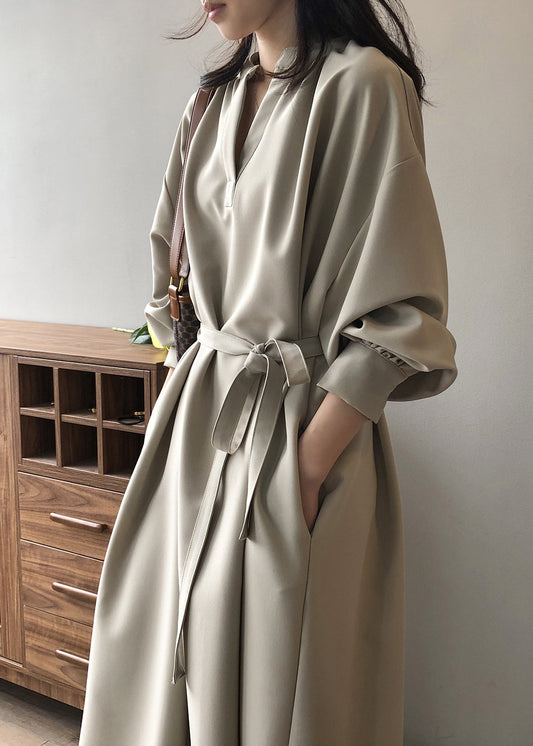 Elegant Apricot V Neck Tie Waist Cotton Long Dress Fall AF1069