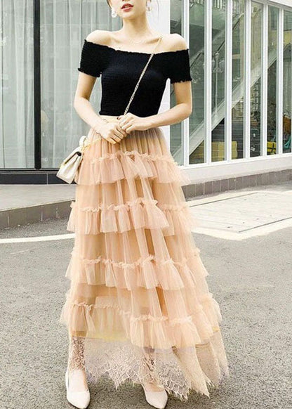 Cute Apricot Wrinkled Lace Patchwork Tulle Skirts Spring AZ1021