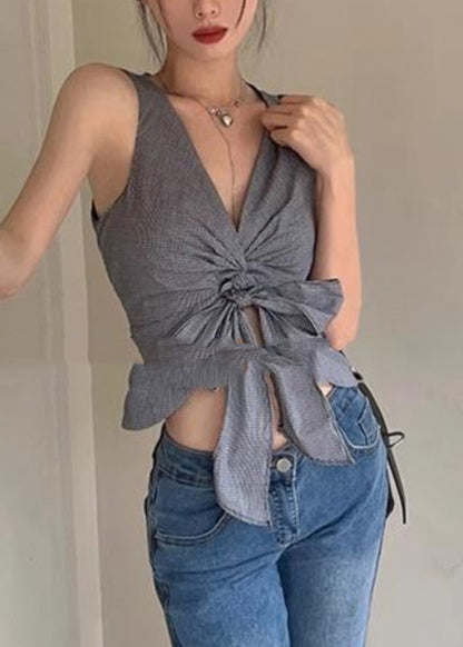 Sexy Grey V Neck Tie Waist Vest Summer AN1028