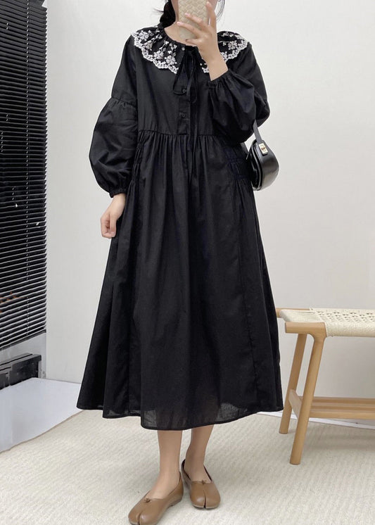 Robe ample en coton brodée noire à lacets Printemps NN017 