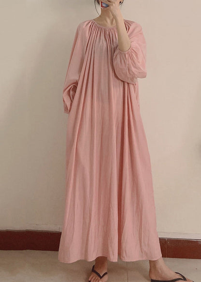 Women Pink Wrinkled Pockets Maxi Dress Long Sleeve TT1044