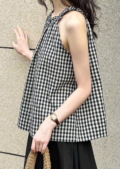 French Plaid O-Neck Cold Shoulder Cotton Top Sleeveless AF1073