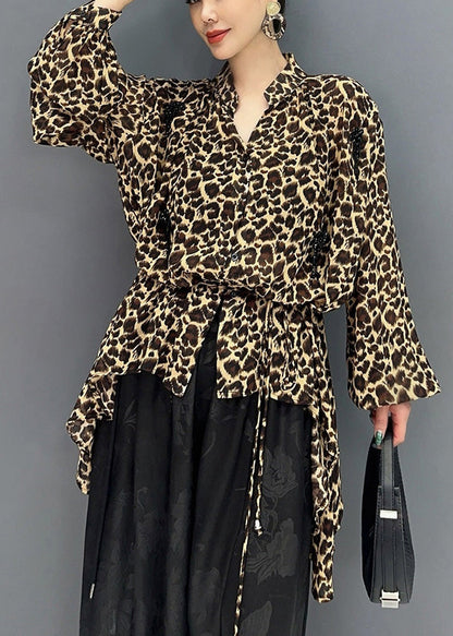 Fashion Leopard Stand Collar Asymmetrical Design Tops Fall AO1007