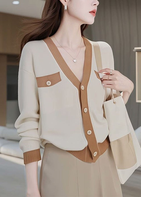 Fashion Colorblock V Neck Patchwork Button Cotton Knit Cardigans Fall QP026