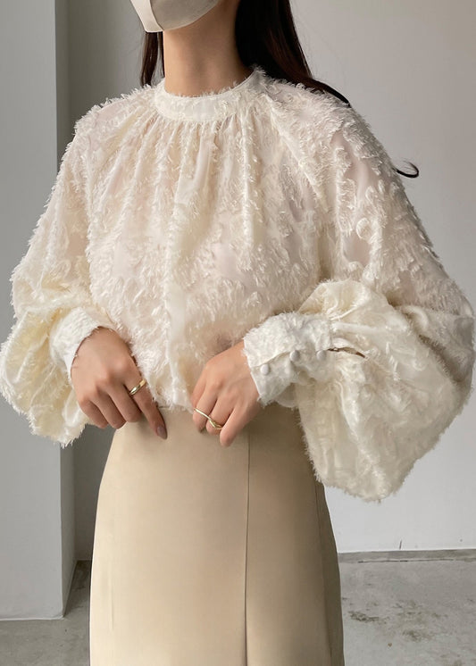 Sleeve Shirt Lantern Classy Chiffon Tasseled Beige Top