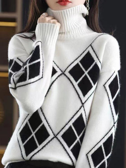 Casual Red High-Neck Contrast Color Plaid Long Sleeves Sweater QX014