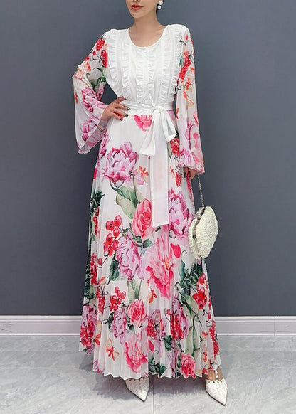 Fashion White O-Neck Ruffled Patchwork Tie Waist Chiffon Long Dress Long Sleeve AO1034