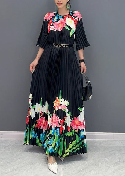 Classy Black O-Neck Print Flattering Maxi Dresses Half Sleeve AO1039