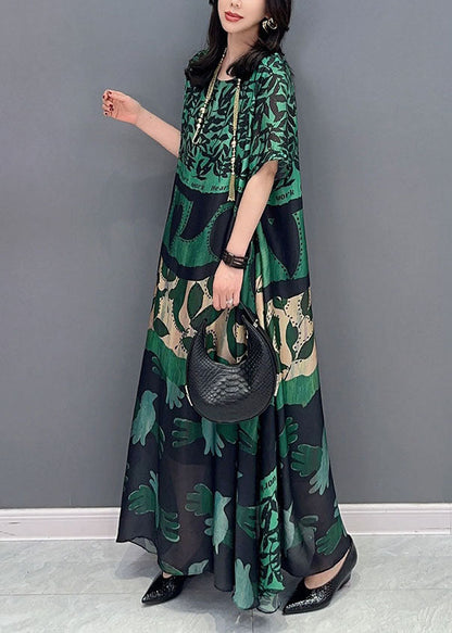 Bohemian black texture O Neck Pockets Print Patchwork Silk Long Dresses Summer TT1032