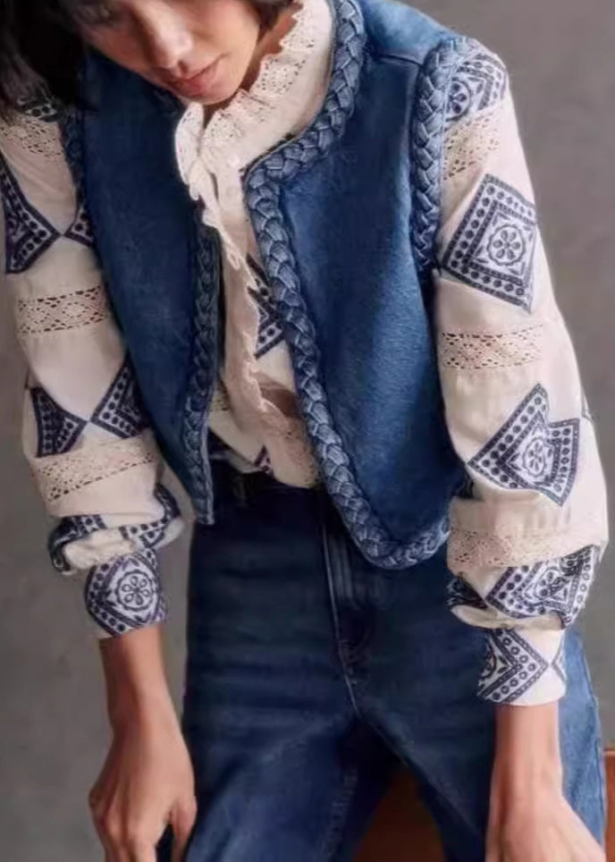 O Bohemian Cotton Filled Blue Fine Denim Vest Neck Sleeveless