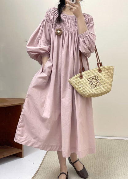 Loose Pink Wrinkled Pockets Cotton Dress Spring NN034