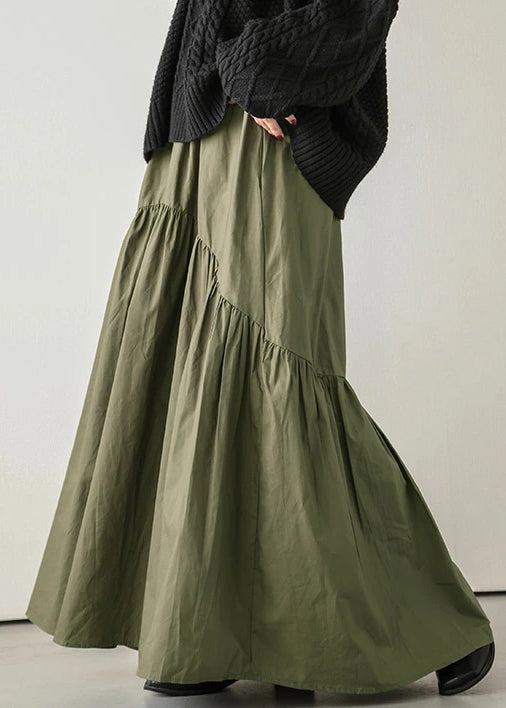 Army Elastic Green Skirt Spring Waist Cotton Loose Wrinkled