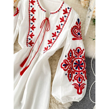 Bohemian Navy O-Neck Lacing Embroidered Flower Lantern Sleeve A-line Dress AR1011