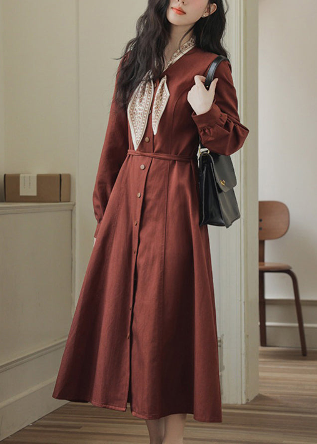 Fit Slim Pockets Dress Bow Red Spring Maxi Button