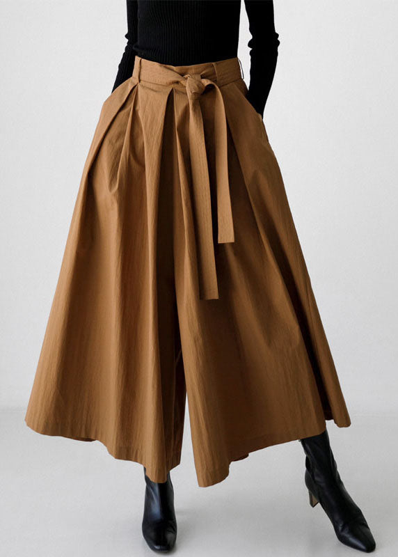 Pantalon de printemps en coton marron à taille haute et poches larges 