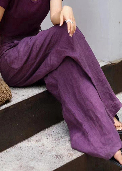 Organic Purple Pockets High Waist Linen Wide Leg Pants Fall AN1019