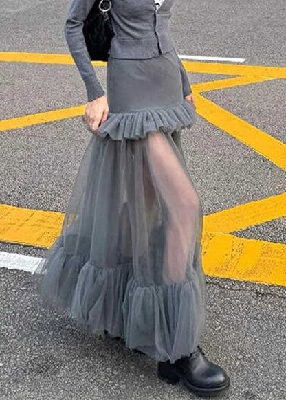 Slim Fit Grey Ruffled Tulle Patchwork Maxi Skirts Spring RV006