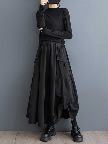 Sports Black Elasticity Pleated Pockets Split-Joint A-Line Skirt WS005