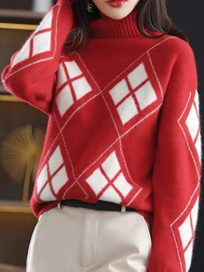 Casual Red High-Neck Contrast Color Plaid Long Sleeves Sweater QX014