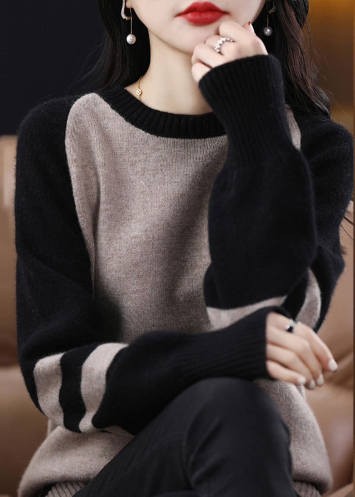 French Black Striped Patchwork Cashmere Knit Sweater Fall QP025