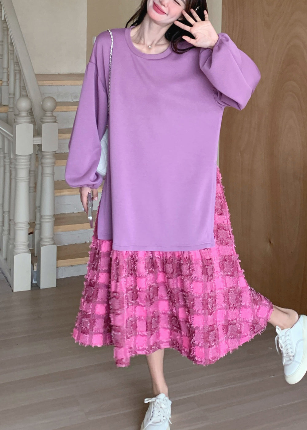 Purple Dress Spring Plaid O-Neck Loose Maxi