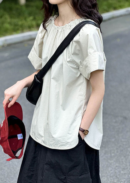 Simple Apricot O Neck Side Open Cotton T Shirt Summer AF1065