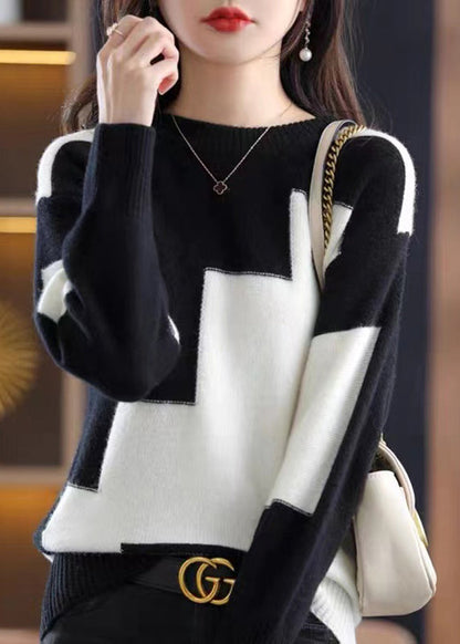 Natural White O-Neck Patchwork Thick Cashmere Knit Sweater Fall QP024