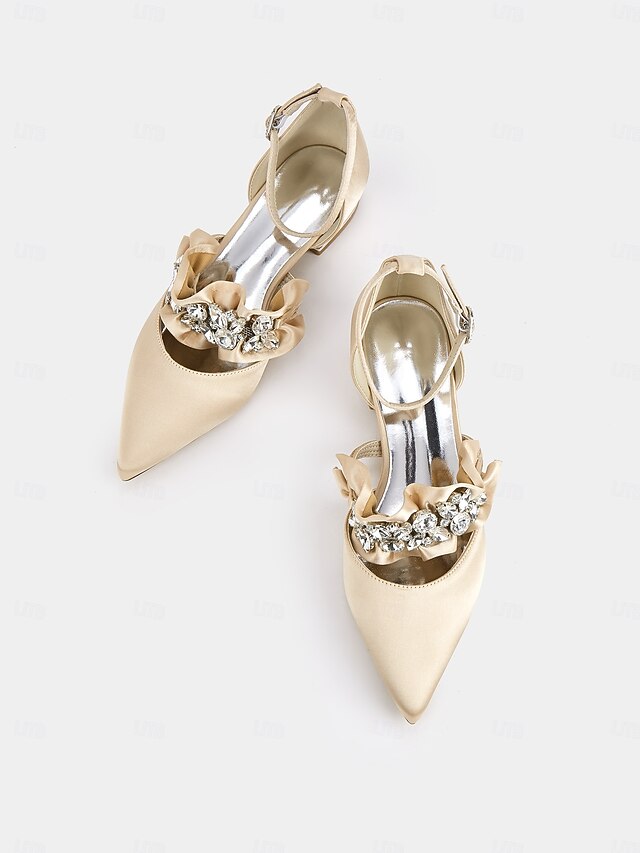with Satin Pointed-Toe Flats Black Rhinestone Women's
