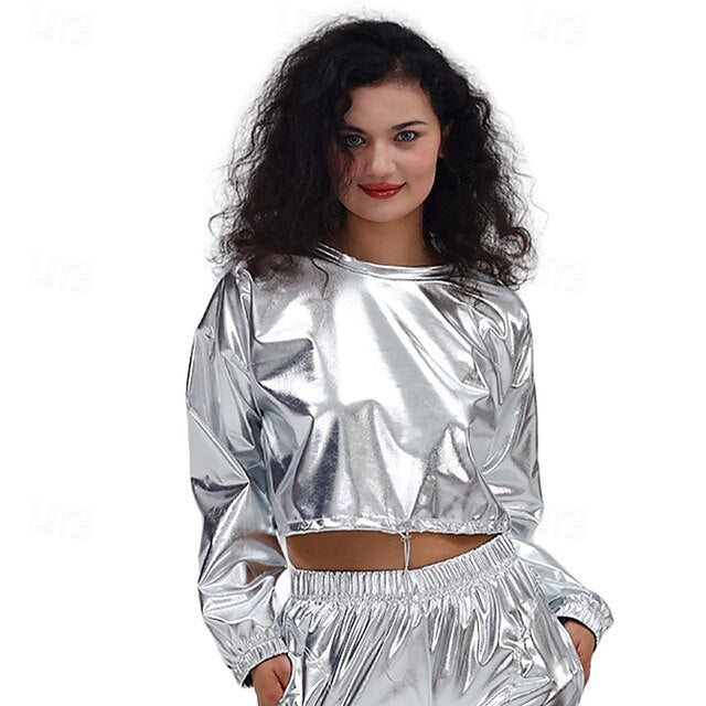 1980s Hip Hop Shiny Metallic Crop Top Sweatshirt Disco Fancy
