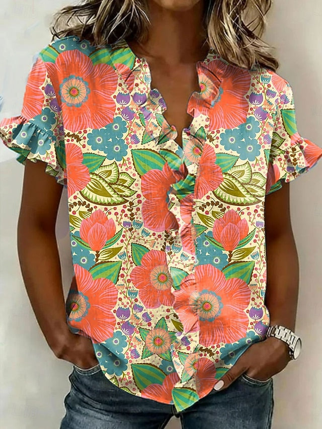 Women's Shirt Tunic Ruffle Floral Graphic Elegant Vintage