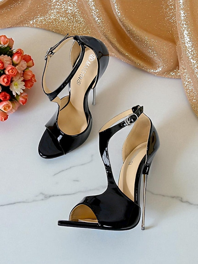 Red Strappy Stiletto Patent Open - Heels Leather Women's