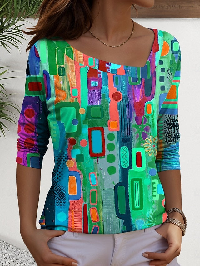 Women's T Shirt Print Graphic Geometric Casual Long Sleeve