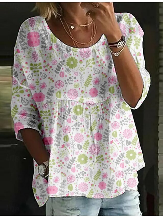 Women's Blouse Print Floral Stylish 3/4 Length Sleeve Crew